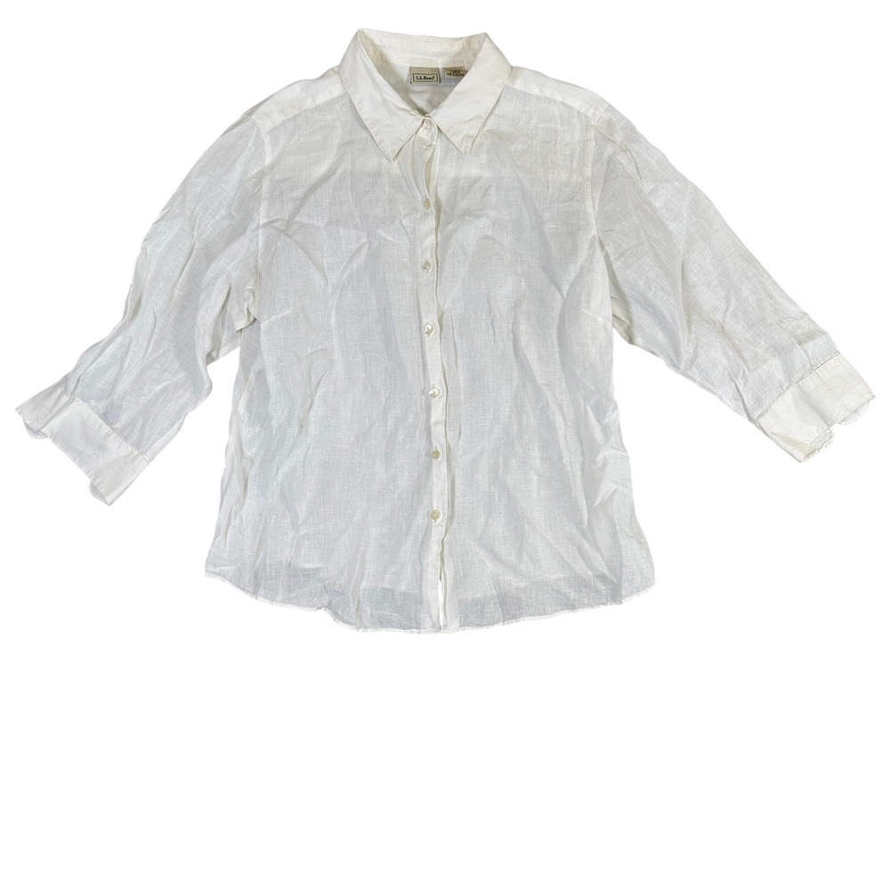 LL Bean Womens White 100% Linen Button Down Shirt 3/4 Sleeve Size L 0DNH4